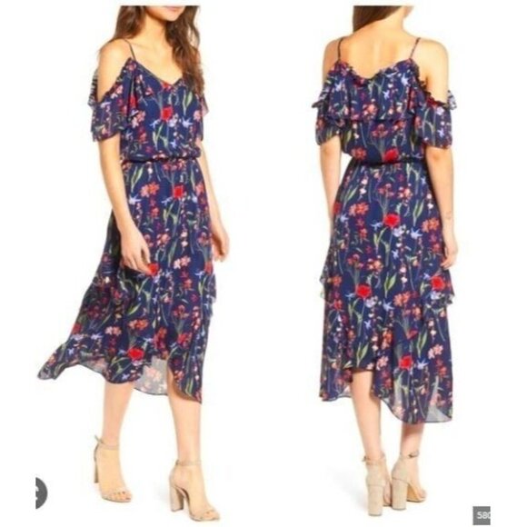Parker Kam Silk Floral Cold Shoulder Tiered Midi Dress Asymmetrical Small Women - Picture 2 of 16